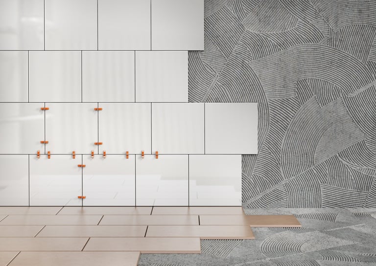 Ceramic tiles installation in progress