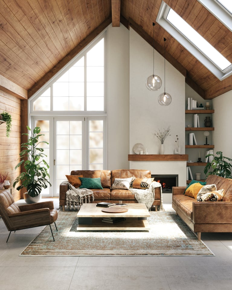 Warm rustic living room with high ceilings and natural light