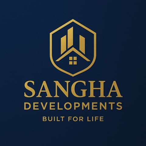 Sangha Developments logo with gold shield containing house icon and tagline Built for Life