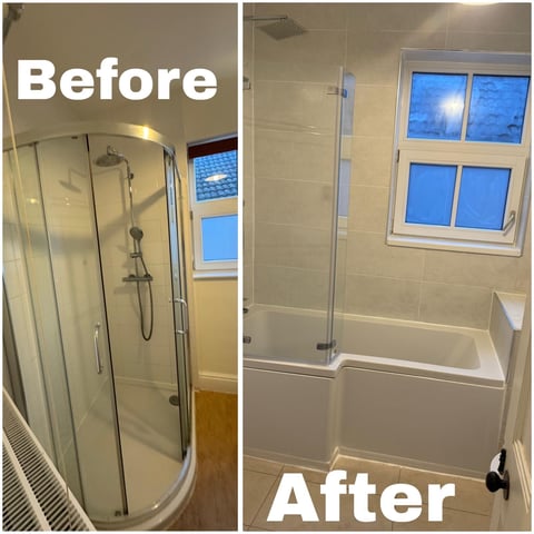 Before and after bathroom renovation showing replacement of curved shower enclosure with modern walk-in shower and half-wall design